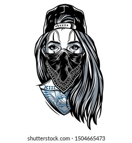 Vintage gangster girl in baseball cap with bandana on her face and chicano style tattoos isolated vector illustration