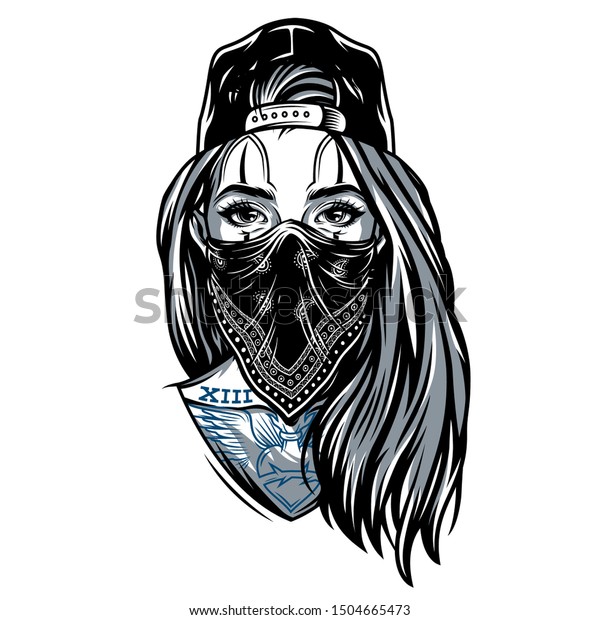 Vintage\
gangster girl in baseball cap with bandana on her face and chicano\
style tattoos isolated vector\
illustration