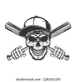 Vintage gangster skull in baseball cap with skeleton hands holding bats isolated vector illustration