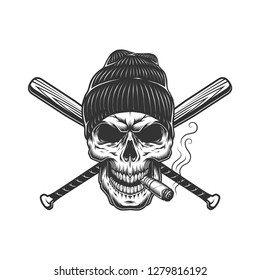 Vintage gangster skull in beanie hat smoking cigar and crossed baseball bats isolated vector illustration