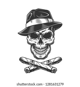 Vintage gangster skull in fedora hat with crossed cuban cigars isolated vector illustration