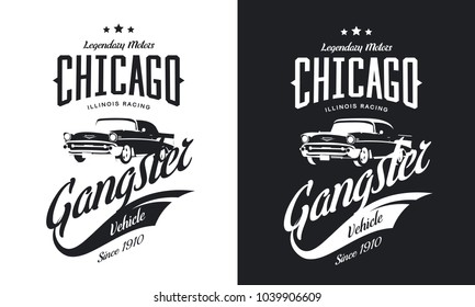 Vintage gangster vehicle black and white isolated vector logo. Premium quality old classic car logotype tee-shirt emblem illustration. Chicago, Illinois street wear hipster retro tee print design.