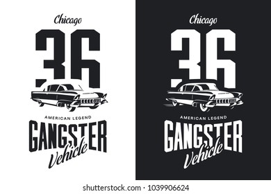 Vintage gangster vehicle black and white isolated vector logo. Premium quality classic car logotype tee-shirt emblem illustration. Chicago, Illinois street wear hipster retro tee print design.