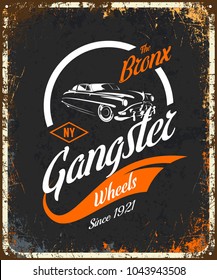 Vintage gangster vehicle vector logo isolated on dark background. Premium quality classic car logotype tee-shirt emblem illustration. The Bronx, New York street wear hipster retro tee print design.