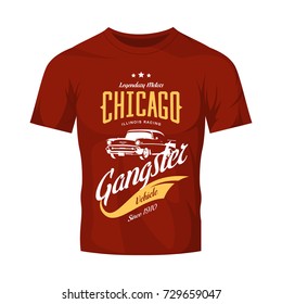 Vintage gangster vehicle vector logo on red t-shirt mock up. Premium quality old classic car logotype tee-shirt emblem illustration. Chicago, Illinois street wear superior retro tee print design.