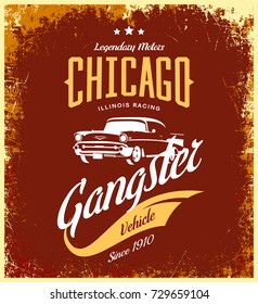 Vintage gangster vehicle vector logo isolated on red background. Premium quality old classic car logotype tee-shirt emblem illustration. Chicago, Illinois street wear superior retro tee print design.