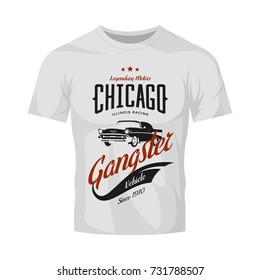 Vintage gangster vehicle vector logo on white t-shirt mock up. Premium quality old classic car logotype tee-shirt emblem illustration. Chicago, Illinois street wear superior retro tee print design.