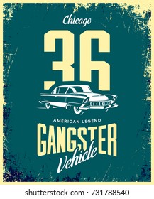 Vintage gangster vehicle vector logo isolated on dark background. Premium quality classic car logotype tee-shirt emblem illustration. Chicago, Illinois street wear superior retro tee print design.