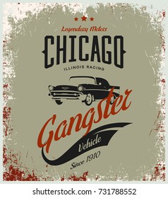 Vintage gangster vehicle vector logo isolated on light background. Premium quality classic car logotype tee-shirt emblem illustration. Chicago, Illinois street wear superior retro tee print design.