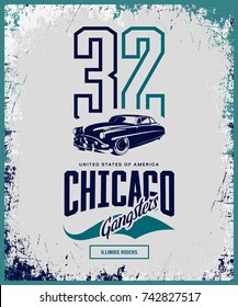 Vintage gangster vehicle vector logo isolated on light background. Premium quality classic car logotype tee-shirt emblem illustration. Chicago, Illinois street wear superior retro tee print design.