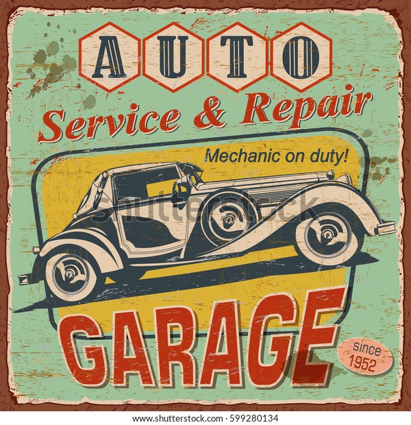 Vintage Garage Poster Retro Car Stock Vector (Royalty Free) 599280134