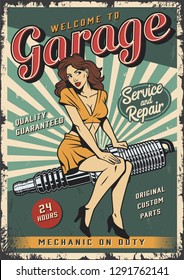 Vintage garage repair service colorful poster with pin up girl sitting on engine spark plug vector illustration