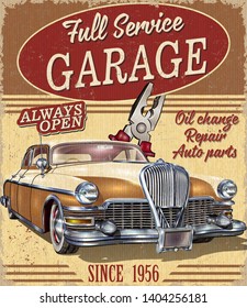 Vintage garage retro poster with retro car. 