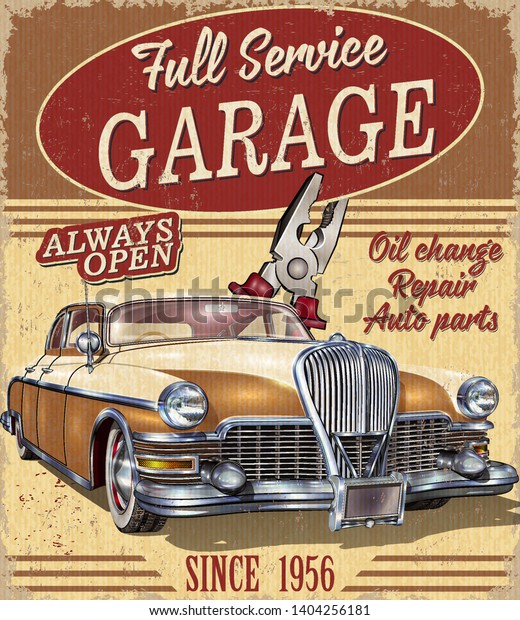 Vintage garage retro\
poster with retro car.\
