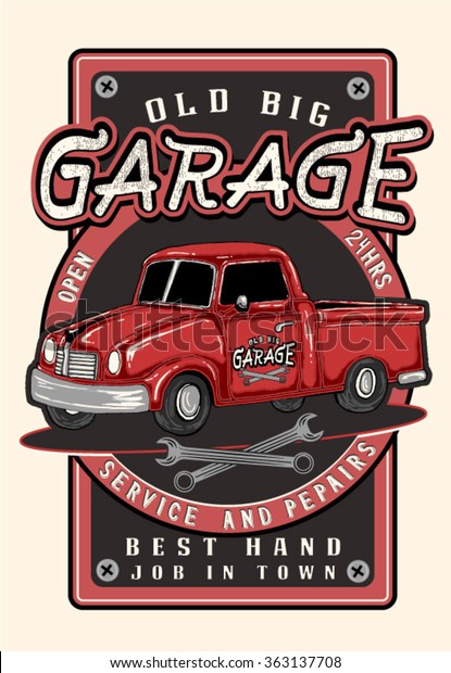 Vintage garage\
retro poster.Red\
truck.Vector.