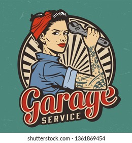 Vintage garage service emblem with pin up pretty girl with in bandana and tattoo on arm holding wrench isolated vector illustration