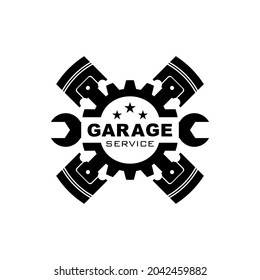 Vintage garage service logo design, piston, gear, wrench logo, suitable for engine garage service logos