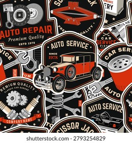 Vintage Garage Sticker Pattern with Auto Repair Badges, Spark Plugs, Gears and Classic Workshop Elements. Vector. Seamless pattern with vintage garage sticker.