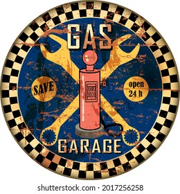 Vintage garage workshop amd gas station sign, grungy and weathered style, vector illustration