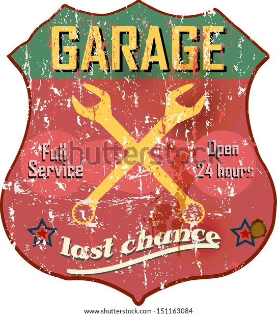 Vintage garage workshop\
sign, vector