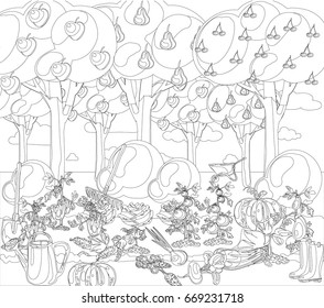 Vintage garden banner with root veggies coloring book