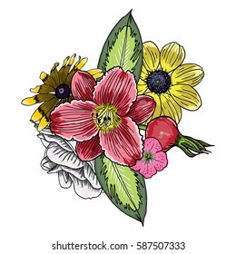 Vintage garden drawing spring bouquet with various flowers and leaves blooming, isolated botanical vector illustration.