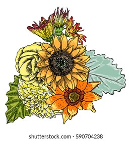 Vintage garden drawing spring bouquet with various flowers and leaves blooming, isolated botanical vector illustration.
