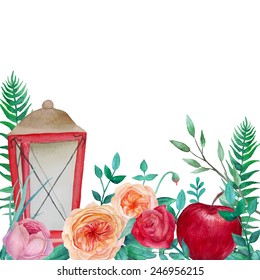 Vintage garden flowers background. Watercolor frame with roses, apple, lamp, fern and branches. Hand drawn vector illustration isolated on white background