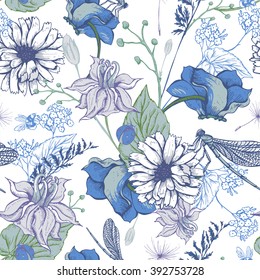 Vintage garden flowers vector seamless pattern, Botanical shabby chic illustration wildflowers, dragonflies, bees, ladybird, daisies leaves and twigs Floral design elements.