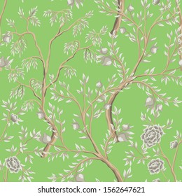 Vintage garden fruit tree floral seamless pattern green background. Exotic chinoiserie wallpaper.