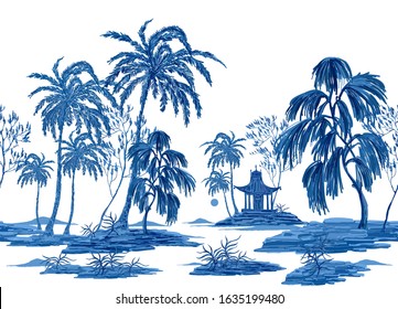 Vintage garden fruit trees, palm trees, sakura trees, plant floral seamless pattern on white background. Exotic blue chinoiserie wallpaper.