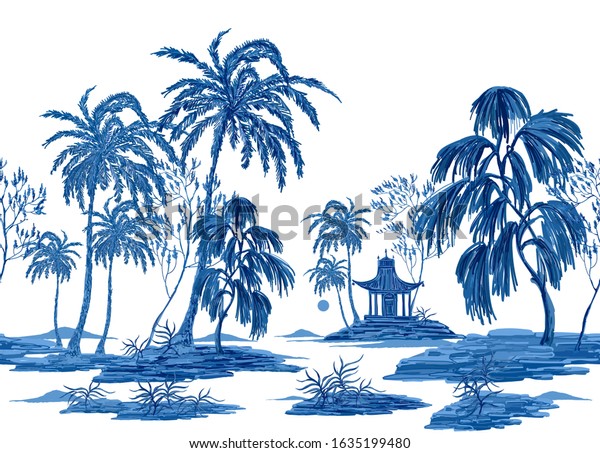 Vintage garden fruit trees, palm trees, sakura trees, plant floral seamless pattern on white background. Exotic blue chinoiserie wallpaper.