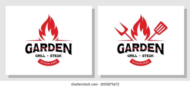 Vintage Garden Grill Barbecue Beef Burn Cook Fire Flame Food Fork Hot Pork Retro Steak Vector Logo Design