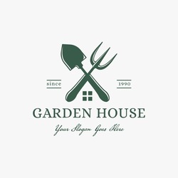Vintage Garden House, Gardening Logo With Shovel, Home And Gardening Fork Concept