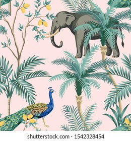 Vintage garden lemon fruit tree, plant, exotic peacock, elephant animal floral seamless pattern pink background. Exotic chinoiserie wallpaper.