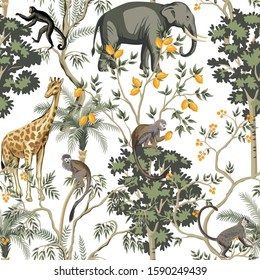 Vintage garden lemon fruit tree, palm tree, monkey, indian elephant, giraffe animal floral seamless pattern white background. Exotic safari wallpaper.