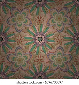 Vintage garden natural seamless pattern with abstract stylized green, beige and brown flowers, botanical illustration, cute print. Vector illustration.