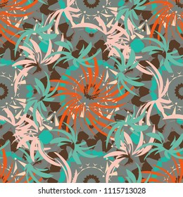 Vintage garden natural seamless pattern with abstract stylized gray, blue and brown flowers, botanical illustration, cute print. Vector illustration.
