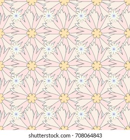 Vintage garden natural seamless pattern with abstract stylized pink, purple and beige flowers, botanical illustration, cute print. Vector illustration.