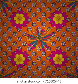 Vintage garden natural seamless pattern with abstract stylized yellow, orange and magenta flowers, botanical illustration, cute print. Vector illustration.