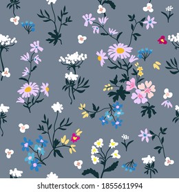 Vintage garden on grey background. Seamless vector pattern. Retro print with small inflorescences. Classical textile collection.