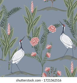 Vintage garden plant, rose flower, crane floral seamless pattern blue background. Exotic chinoiserie wallpaper.