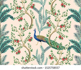 Vintage garden pomegranate fruit tree, banana tree, exotic peacock floral seamless pattern pink background. Exotic chinoiserie wallpaper.