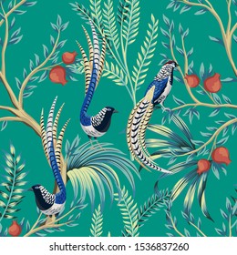 Vintage garden pomegranate fruit tree, plant, exotic bird floral seamless pattern turquoise background. Exotic chinoiserie wallpaper.