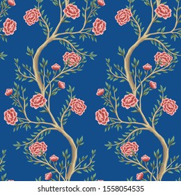 Vintage garden rose flower tree floral seamless pattern blue background. Exotic chinoiserie wallpaper.