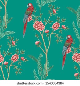Vintage garden rose tree, plant, macaw parrot floral seamless pattern turquoise background. Exotic chinoiserie wallpaper.