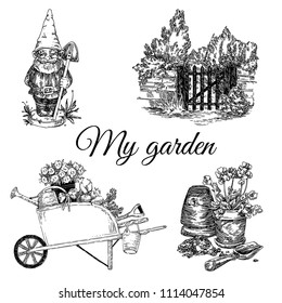 Vintage garden set. figure gnome, wooden gate, pot with flower and cart. Sketch. Engraving style. Vector illustration.