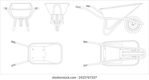 Carretilla de ruedas de una sola rueda de jardín vintage con dos asas, neumático neumático y cuerpo de metal dibujo lienzo delante, detrás, abajo, arriba, lado, conjunto de vista aislado ilustración vectorial en blanco y negro