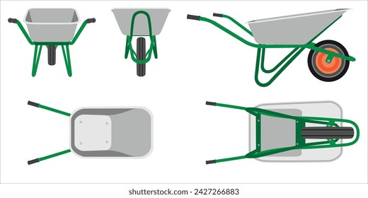 Vintage garden single wheel wheelbarrow with two handles, pneumatic tire and grey metal body front, back, side, top, bottom view set isolated on white vector illustration