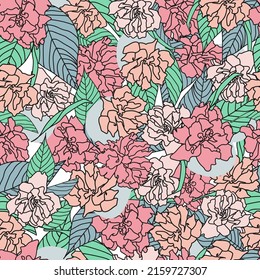 Vintage garden spring seamless background, pattern with pink flowers blossoming branches of cherry, peach, pear, sakura, botanical illustration.